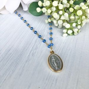 Blue tanzanite mother Mary rosary necklace